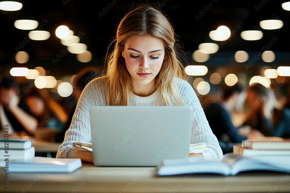 Focused Student Girl Using Laptop in Library, Studying and Learning, Education Concept Focused Student Girl Using Laptop in Library, Studying and Learning, Education Concept
