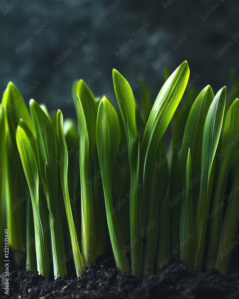 Close-up of vibrant green shoots growing in soil on a blurred dark background Close-up of vibrant green shoots growing in soil on a blurred dark background