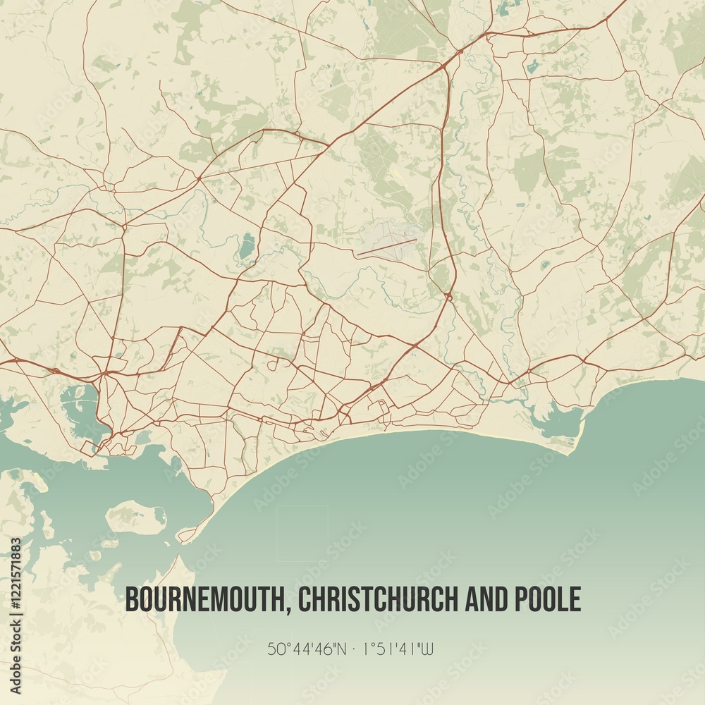 Retro UK map of Bournemouth, Christchurch and Poole. Vintage street map.