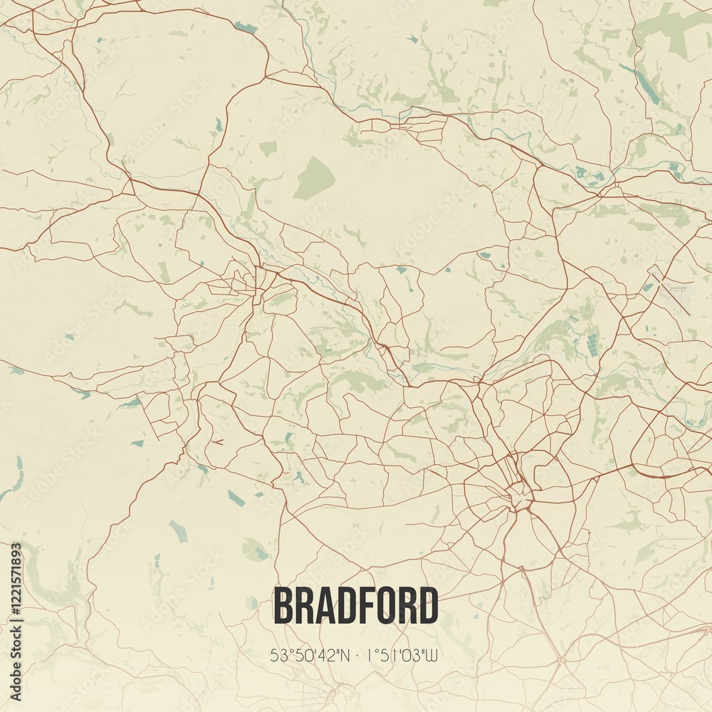 Fototapeta premium Retro UK map of Bradford. Vintage street map.