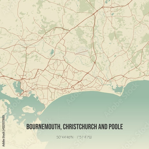 Obraz na płótnie Retro UK map of Bournemouth, Christchurch and Poole. Vintage street map. w salonie
