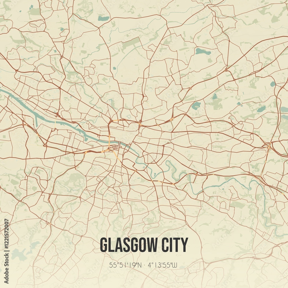 Retro UK map of Glasgow City. Vintage street map.