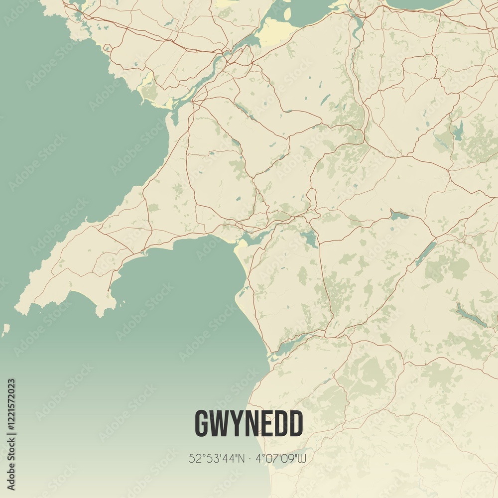 Obraz premium Retro UK map of Gwynedd. Vintage street map.