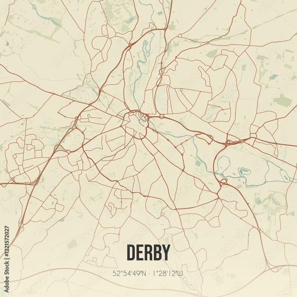 Retro UK map of Derby. Vintage street map.