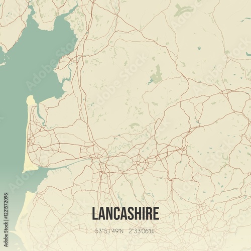 Retro UK map of Lancashire. Vintage street map.