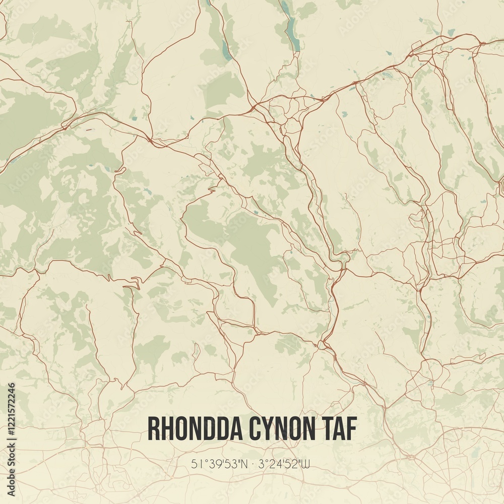 Fototapeta premium Retro UK map of Rhondda Cynon Taf. Vintage street map.