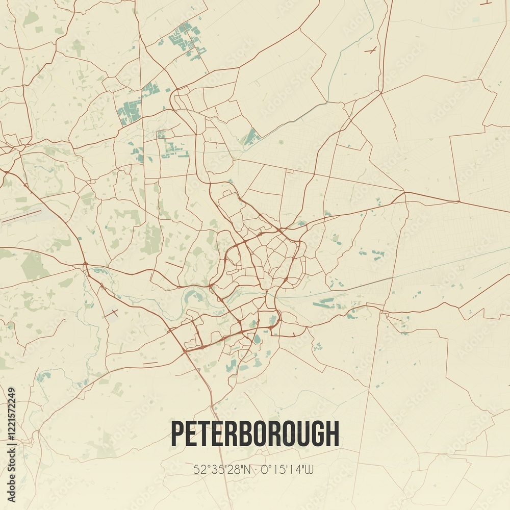 Fototapeta premium Retro UK map of Peterborough. Vintage street map.