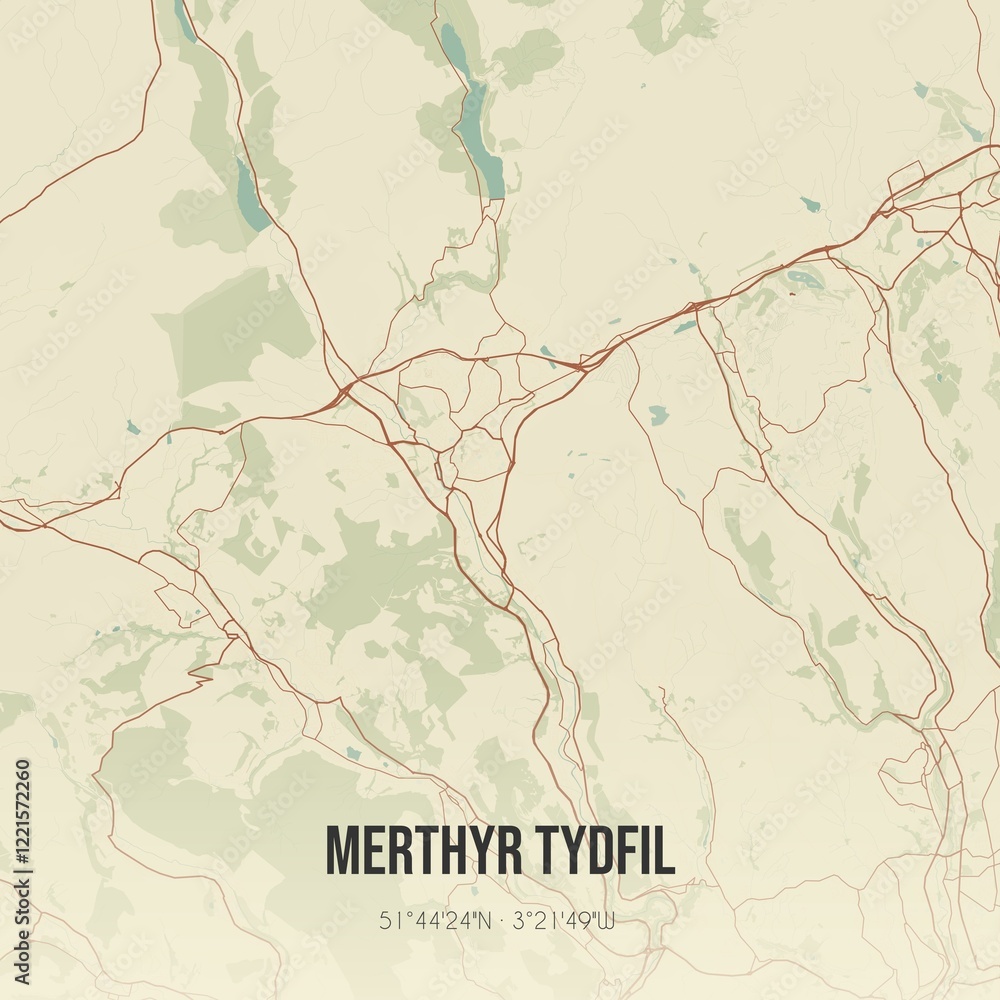 Fototapeta premium Retro UK map of Merthyr Tydfil. Vintage street map.