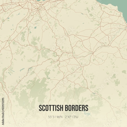 Retro UK map of Scottish Borders. Vintage street map.