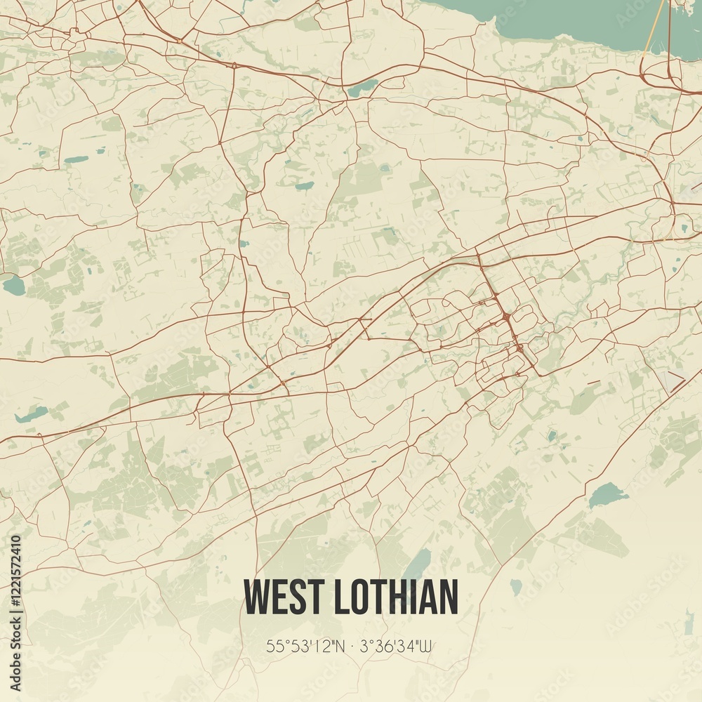 Fototapeta premium Retro UK map of West Lothian. Vintage street map.