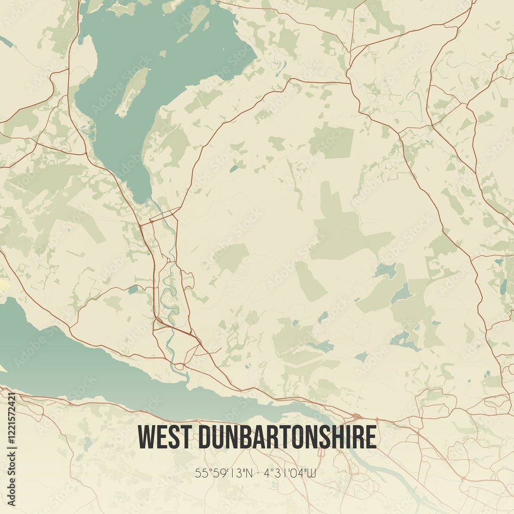 Fototapeta premium Retro UK map of West Dunbartonshire. Vintage street map.