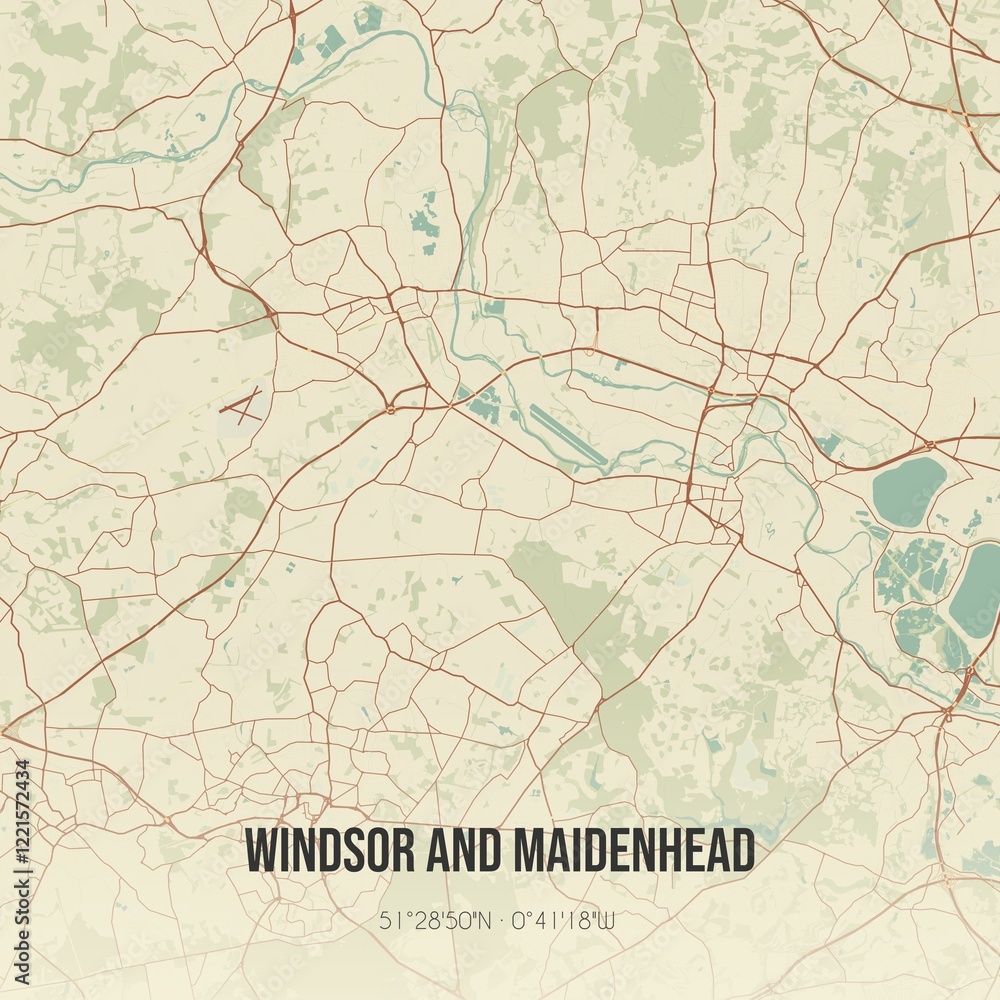 Retro UK map of Windsor and Maidenhead. Vintage street map.