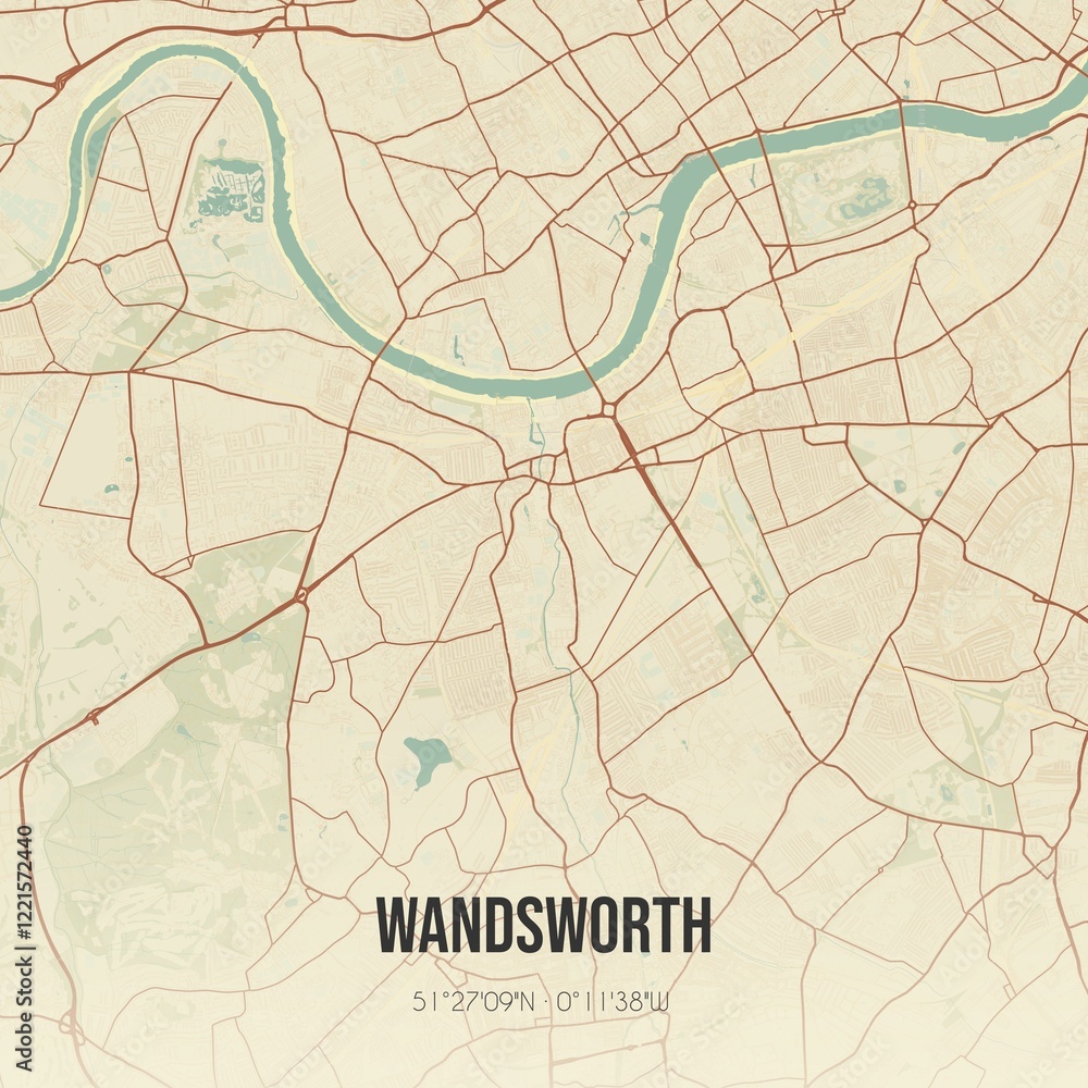 Retro UK map of Wandsworth. Vintage street map.