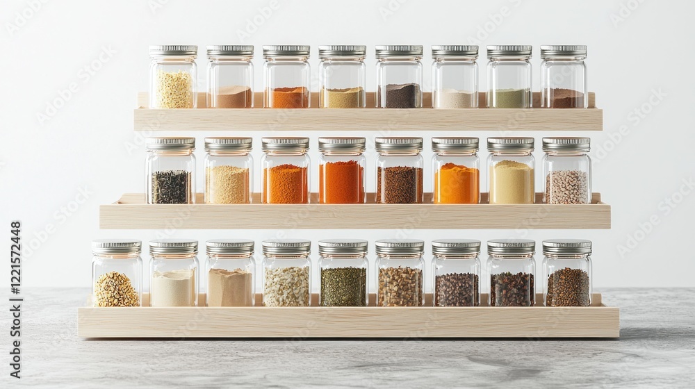 Organized spices in glass jars on wooden rack, kitchen countertop, white background, food blog Organized spices in glass jars on wooden rack, kitchen countertop, white background, food blog