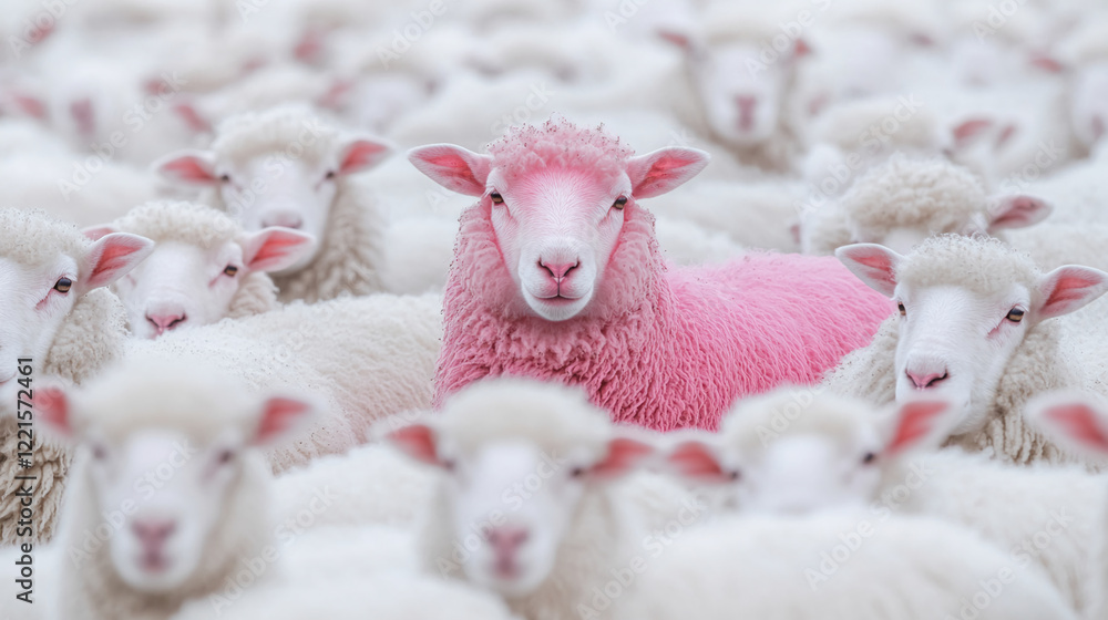 Pink sheep standing out in a flock of white sheep, creating a unique and striking contrast. Pink sheep standing out in a flock of white sheep, creating a unique and striking contrast.