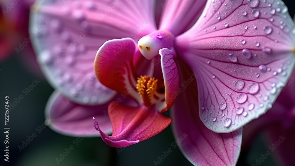Fototapeta premium Macro photography of a pink orchid with dew drops on petals 