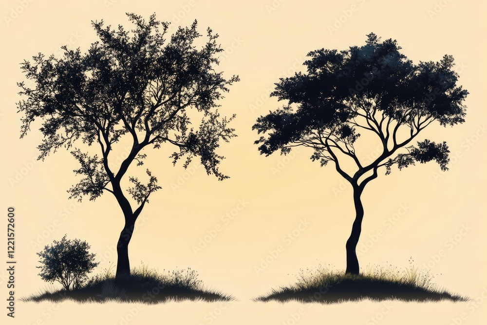 Two trees growing in a grassy environment Two trees growing in a grassy environment