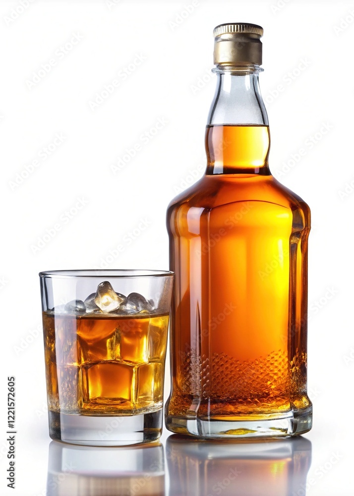 Rum bottle and glass with ice cubes
Rum bottle and glass with ice cubes