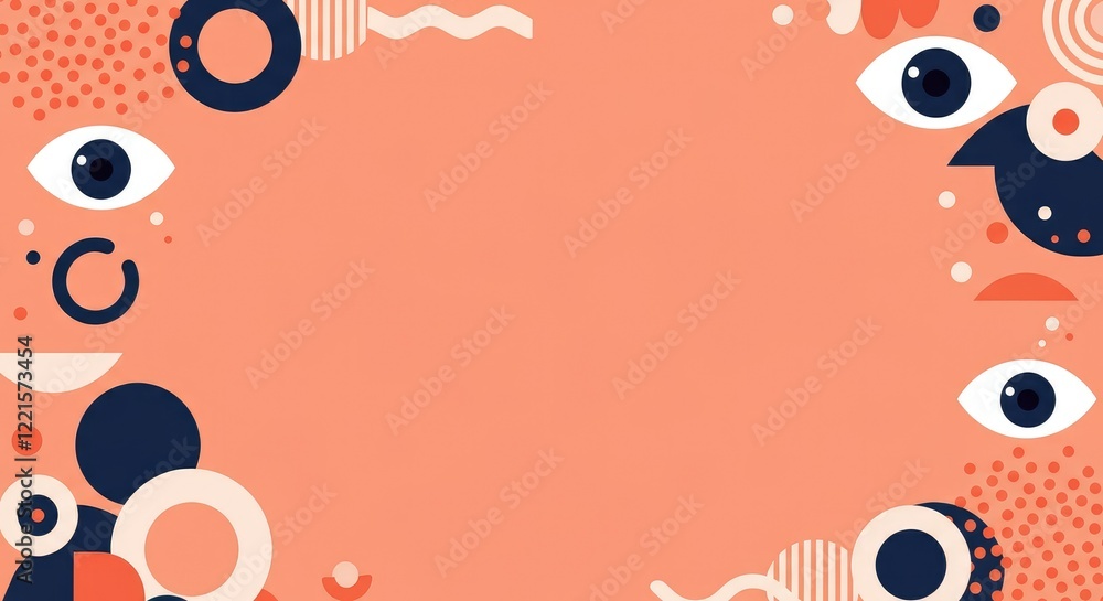 Fototapeta premium Abstract design with eyes and geometric patterns on peach background