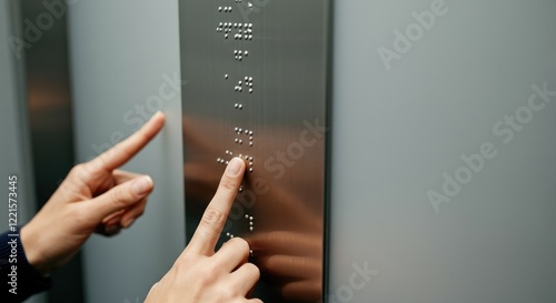 Close-up of hands reading Braille on elevator panel