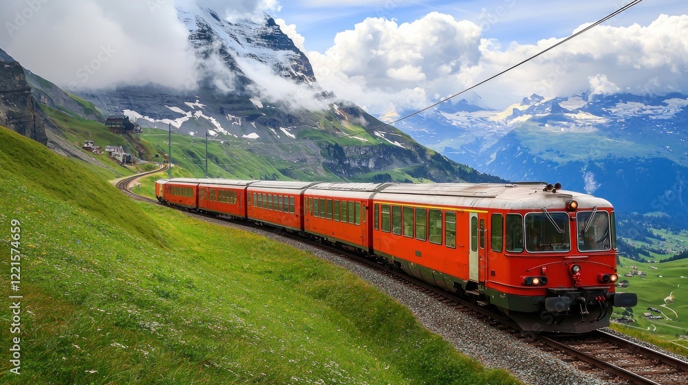Red train, Alpine mountain journey, scenic view, travel poster Red train, Alpine mountain journey, scenic view, travel poster