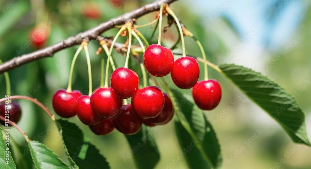Red cherries hanging on tree branch, sunny day Red cherries hanging on tree branch, sunny day