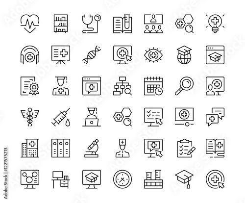 Medical education icons. Outline symbols collection. Premium vector line icons set