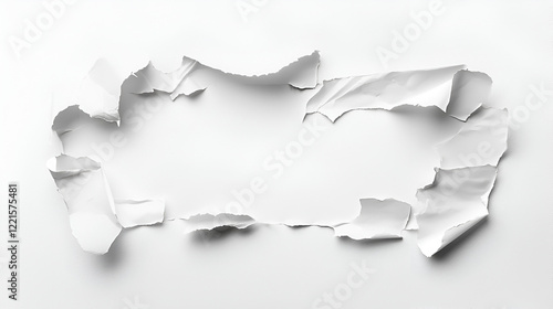 Torn paper with a rectangular hole in the center, revealing a white background.  Irregular edges and texture.