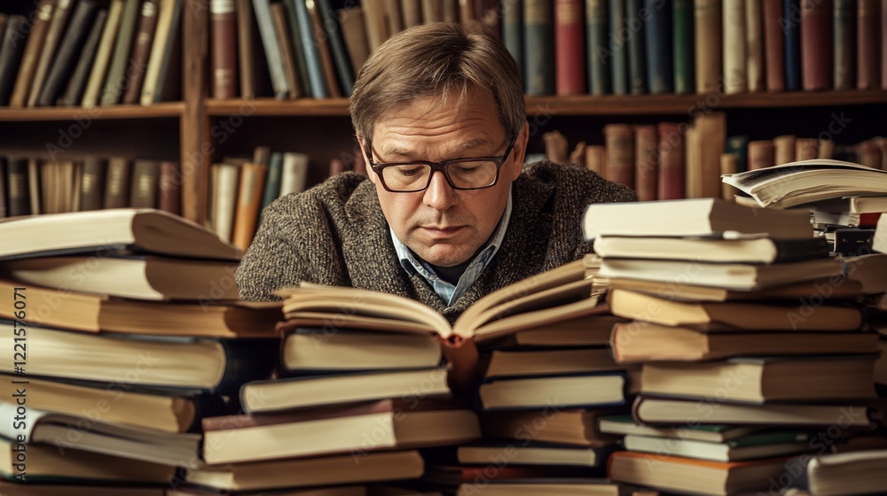 Man engrossed in reading amidst a mountain of books in a library, knowledge, wisdom, research, learning. Man engrossed in reading amidst a mountain of books in a library, knowledge, wisdom, research, learning.