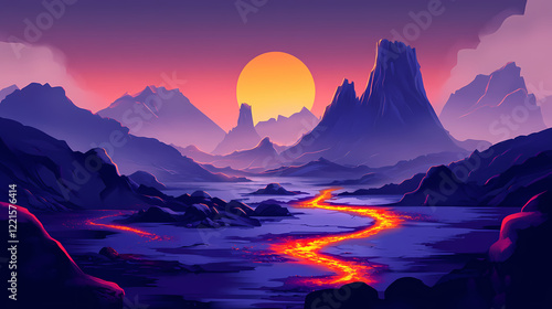 Red orange lava flowing from a volcanic peak into a purple grey misty atmosphere, landscape, lava. Lava Peaks. Illustration photo