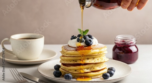 Stack of pancakes with syrup, blueberries, whipped cream, coffee