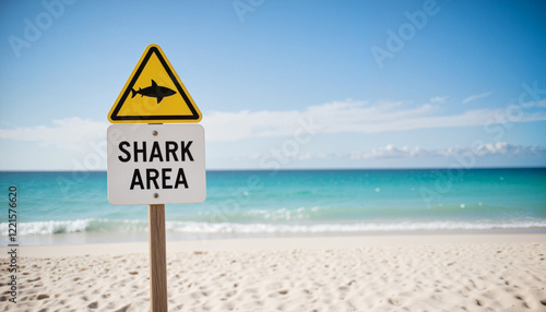 Bold shark safety sign on a wooden post with beach and ocean background under bright light