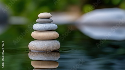 Peaceful arrangement of stacked stones on tranquil water surface reflecting calming nature backdrop