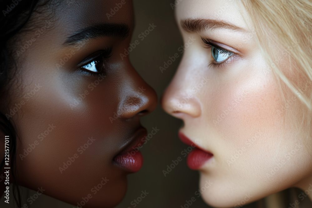 Close profiles of a black woman and a blonde woman showcasing natural beauty, contrast, and connection Close profiles of a black woman and a blonde woman showcasing natural beauty, contrast, and connection