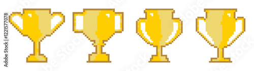 Cup pixel icon. 8-bit, retro game. Golden trophy, winner's award. Achievement of a champion. Vector illustration.