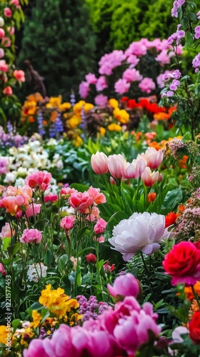 Colorful Blossoms Fill a Vibrant Garden During Springtime With Various Flowers in Full Bloom, Creating a Picturesque Scene of Nature's Beauty