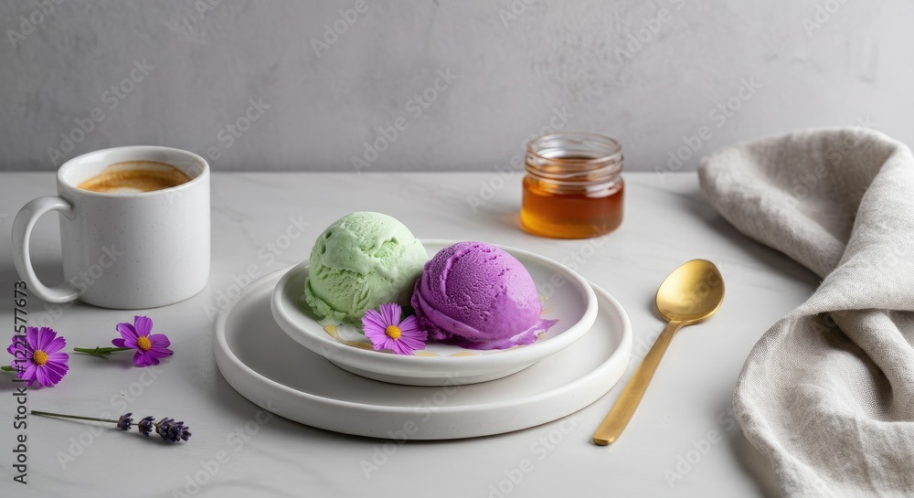 Two ice cream scoops on plate with coffee, honey, and flowers Two ice cream scoops on plate with coffee, honey, and flowers