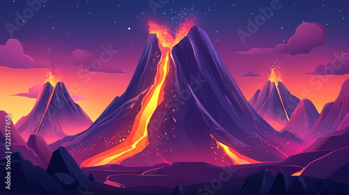 Volcano eruption with flowing lava. Lava Peaks. Illustration photo