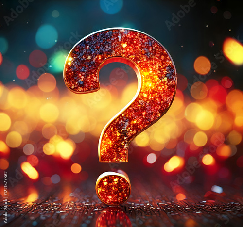 Glitter sparkling question mark bokeh background. Questions icon. FAQ support, answer searching. Find problem decision.