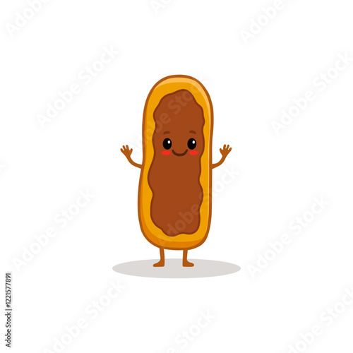 Happy cartoon eclair isolated on white background. Cute eclair in flat style. Vector illustration