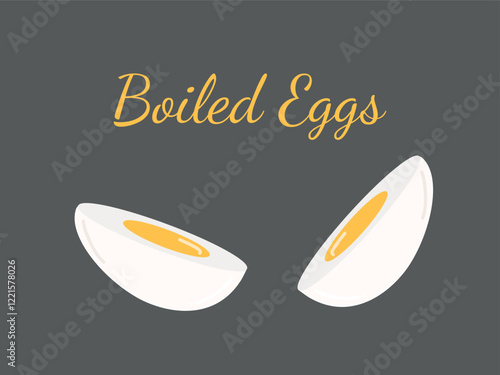 Strong boiled half cut eggs with yellow yolk isolated on grey background. Fast breakfast recipe design. Hand drawn vector illustration in flat style. Lunch time, chicken eggs design