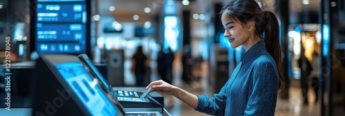 A modern bank teller assisting customers at a sleek counter, with digital currency options visible on a screen