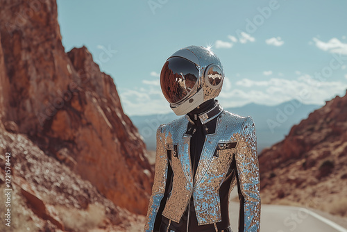 A futuristic figure in a shimmering silver sequin jacket and reflective helmet stands boldly against a rugged desert backdrop. photo