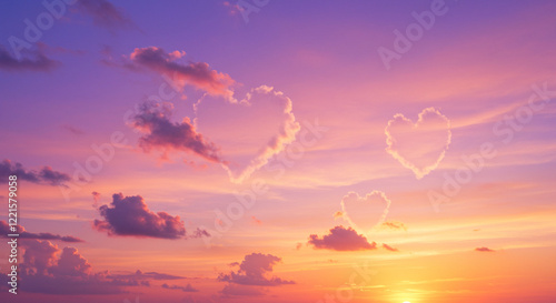 Romantic Sunset Sky
A glowing sunset sky in  pink, orange, and purple, with heart-shaped clouds