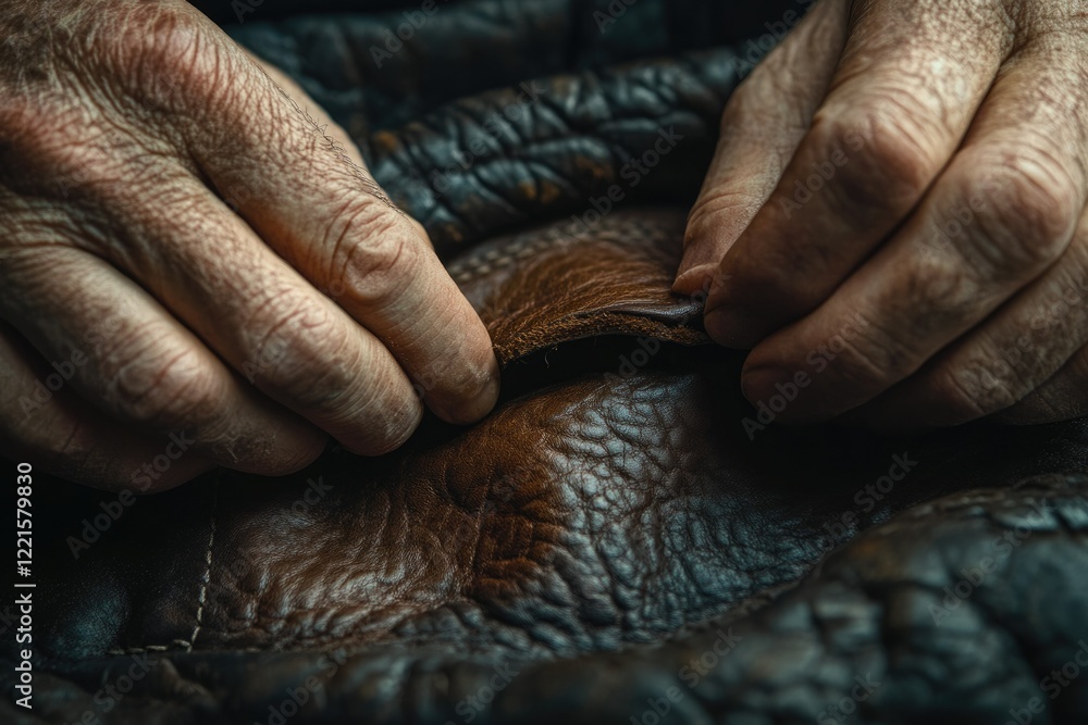 Fototapeta premium Close-up of weathered hands carefully inspecting and working with rich brown leather.