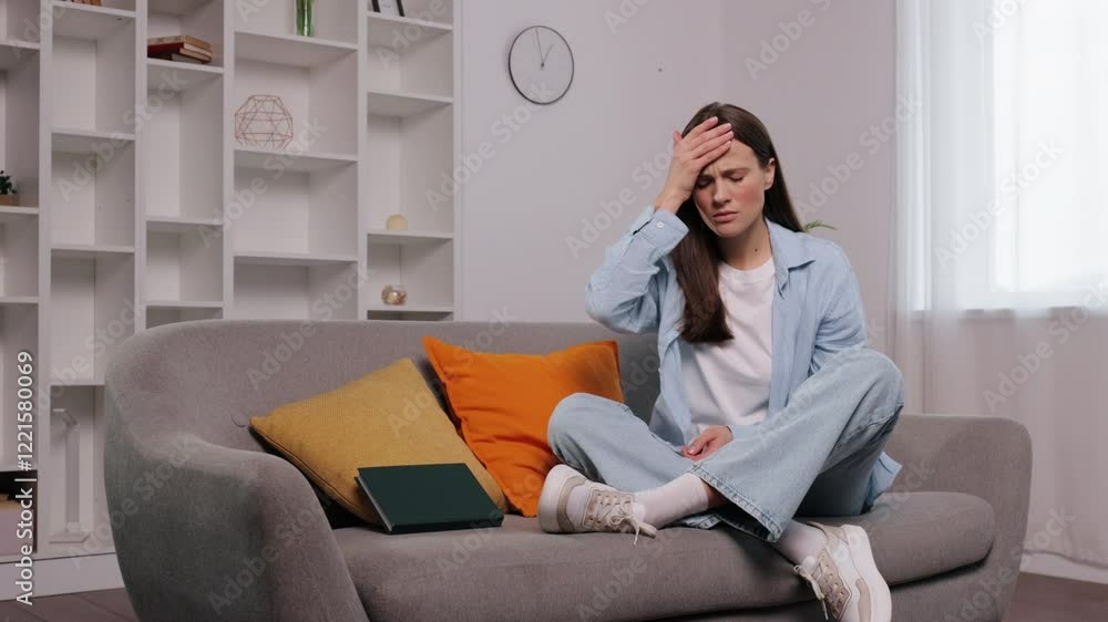 couch headache, reading problems, pain concentration. Stressed woman on couch clutches her head, showing difficulty concentrating on book. couch headache, reading problems, pain concentration. Stressed woman on couch clutches her head, showing difficulty concentrating on book.