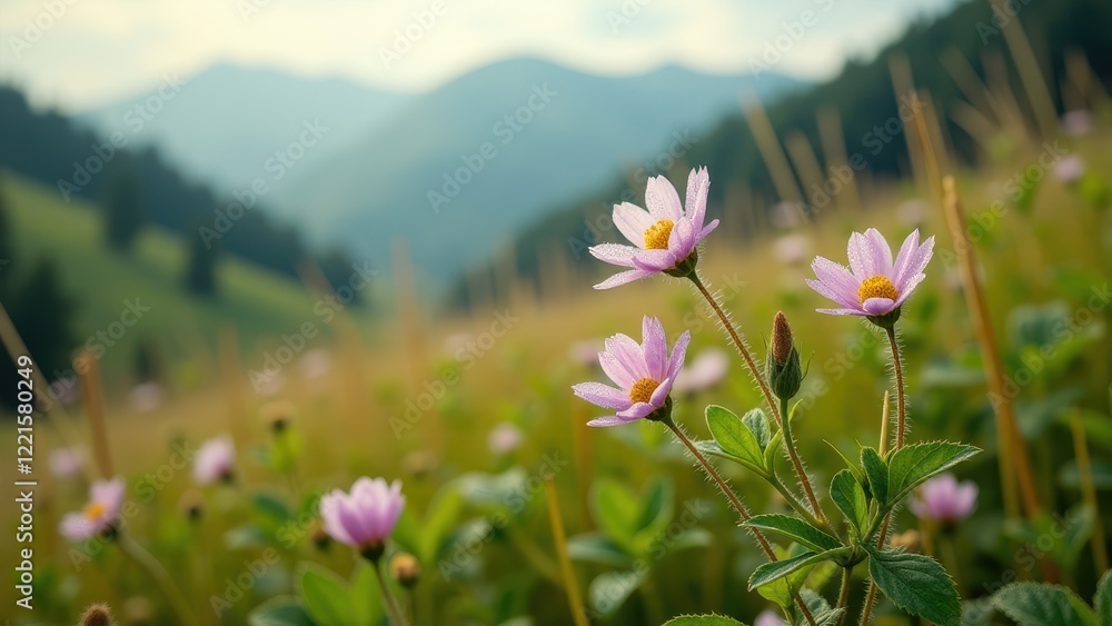 Fototapeta premium Wildflowers blooming in a mountain valley under sunlight 