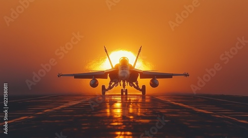 Sunset Silhouette: Fighter Jet on Aircraft Carrier