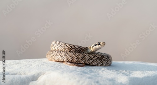 Brown and white snake coiled on rock in sunlight photo