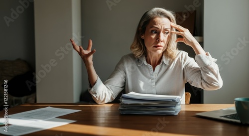 Middle-aged woman stressed with large stack of papers